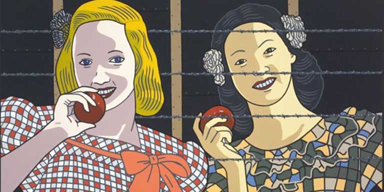 illustration of a barbed wire fence between Caucasian woman with an apple and a Hispanic woman with an apple