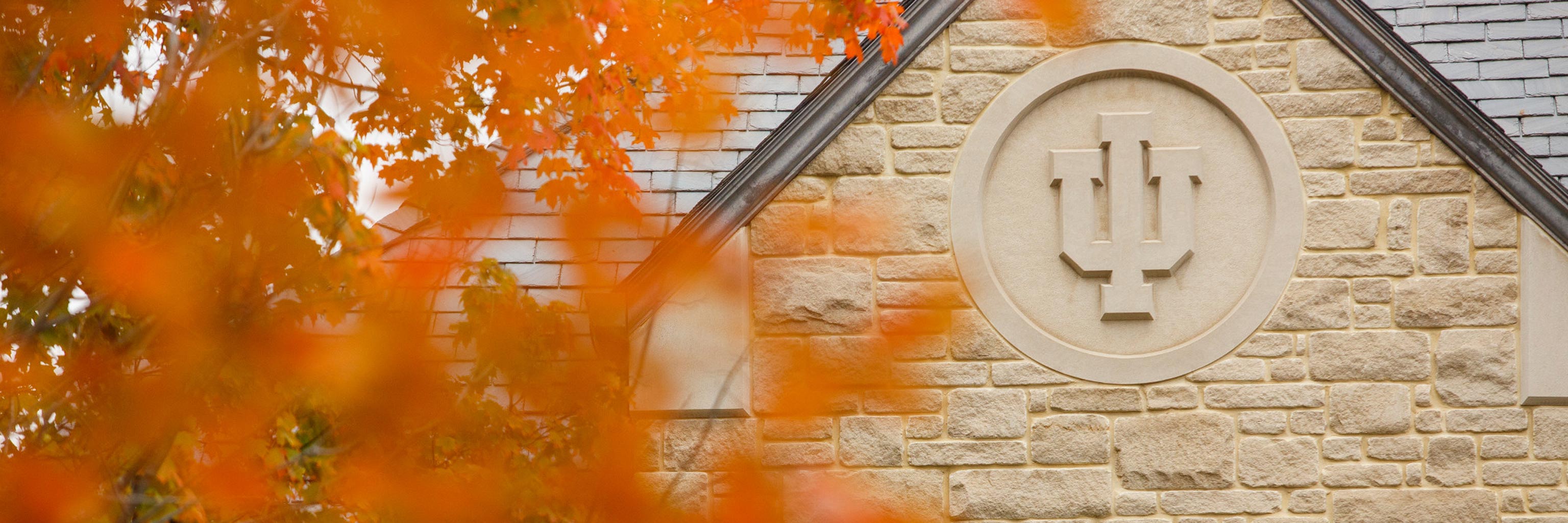 The IU trident is shown embedded in a limestone building, slightly shaded by the orange foliage of a nearby tree