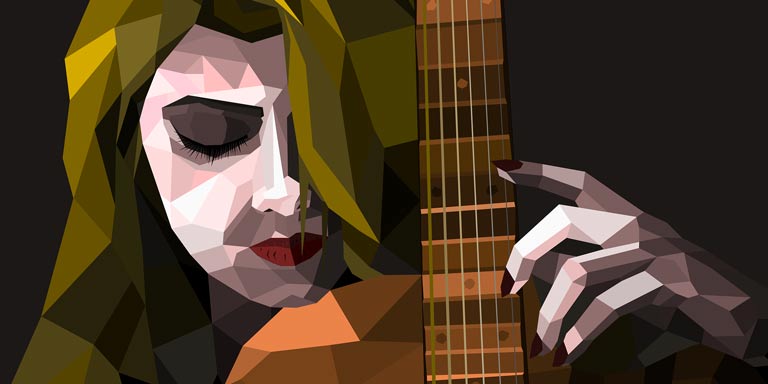 A geometric illustration of a blonde woman strumming a cello