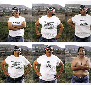 A woman wearing a shirt with messages in five images and not wearing a shirt in the sixth image
