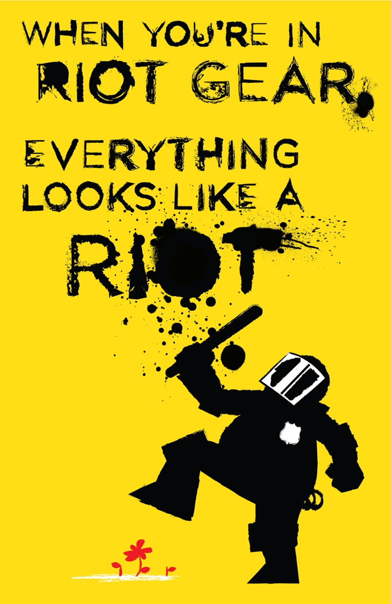 Cover of the book, Riot Gear, Everything Looks Like A Riot, with an illustration of a police officer in riot gear stepping on flower