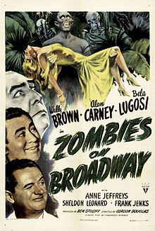 Zombies on Broadway show poster where three men are looking at a zombie holding an unconscious woman